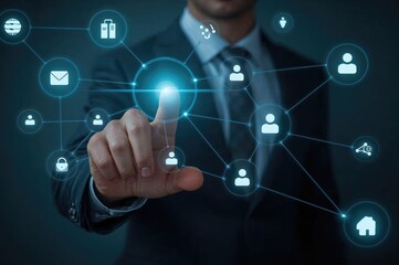 Obraz premium Business professional interacting with digital network connections on a touchscreen displaying various communication icons and data symbols in a modern office environment
