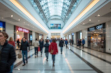 Blurred background of people shopping in a modern mall interior with natural light, showcasing a busy retail environment, abstract design elements and consumer activity.
