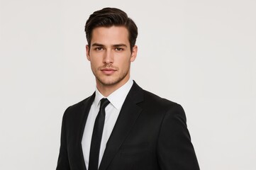 Confident Young Man in Formal Black Suit with Tie Standing Against Plain White Background for Professional Portrait or Fashion Concept