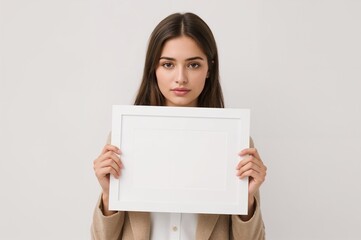 Fototapeta premium Woman holding a blank white frame in front of her, set against a neutral background, showcasing a minimalist and versatile design for decoration or branding purposes.