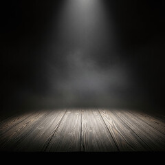 Dramatic Stage Spotlight Illuminating Textured Wooden Floor. Bright Light Beam on Empty Dark Background with Dust and Haze. Concept for Performance, Presentation, or Theatrical Display.