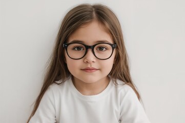 Fototapeta premium Child with long brown hair wearing black glasses and a white t-shirt posing against a plain white wall, looking directly at the camera with a neutral expression.