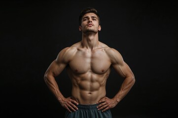 Fototapeta premium Muscular young male athlete standing confidently with hands on hips after workout against dark background, looking upward, showcasing fitness and dedication.
