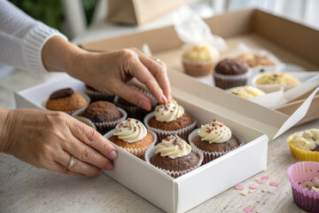 Cupcakes with cream frosting being carefully placed white gift box, showing hands arranging assorted chocolate and vanilla cupcakes with sprinkles