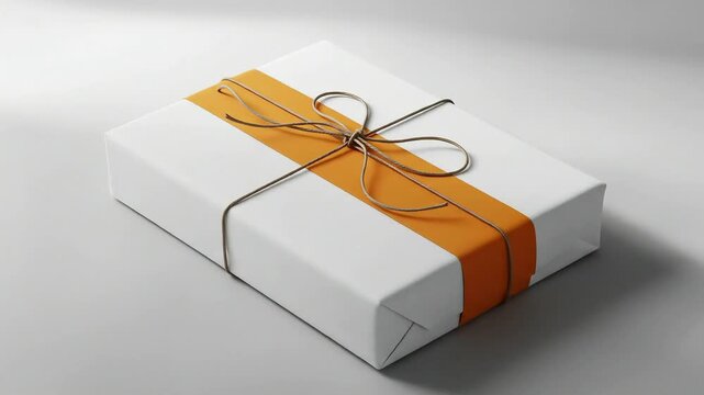 Wrapped Present with White Paper and Orange Ribbon Close Up