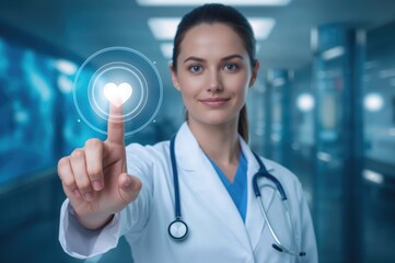 Female doctor in a modern hospital interacting with a digital hologram interface, emphasizing healthcare technology and innovation in medical practice.
