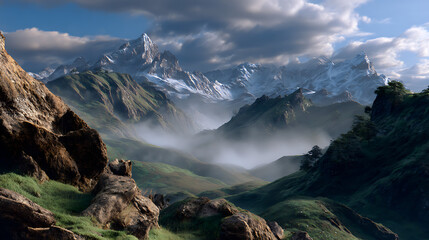 Scenic Mountain Landscape with Snow Capped Peaks and Lush Green Valley Under Cloudy Sky In Sunlight