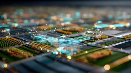 Ultra realistic futuristic agriculture investment hologram with glowing digital interface and smart technology visualization