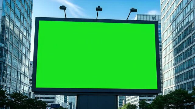Green screen billboard in modern city. Urban advertising mockup for marketing campaigns, surrounded by glass buildings under a blue sky.