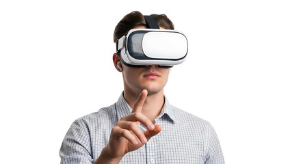 Young man wearing virtual reality headset pointing finger.
