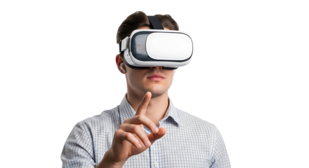 Young man wearing virtual reality headset pointing finger.