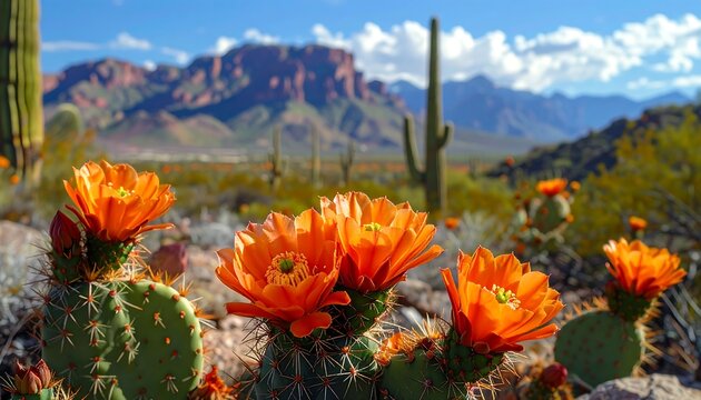 Desert landscape with blooming cacti and mountains under a bright blue sky