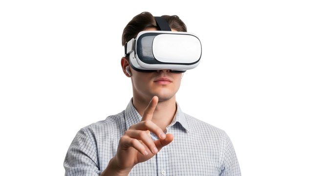 Young man wearing virtual reality headset pointing finger.