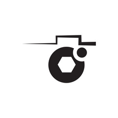 Camera tech emblem. Modern camera emblem with gear like shutter, photography, tech logo.