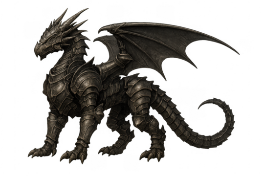 Dark armored dragon fantasy creature standing on transparent background - Powered by Adobe