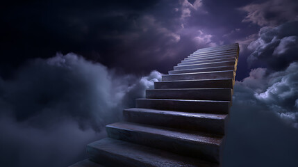 Stone Stairway Ascending into Dramatic Cloudy Sky with Bright Light Streaks Through Heavy Clouds