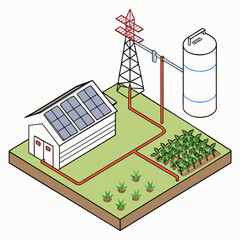 Vector art of isometric illustration of a sustainable farm with solar panels, water tank, and crops, showcasing ecofriendly agriculture and renewable energy solutions