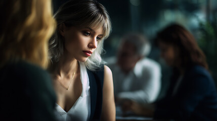 Obraz premium Thoughtful Young Woman with Short Hair and Blazer in Business Meeting Room Under Soft Lighting