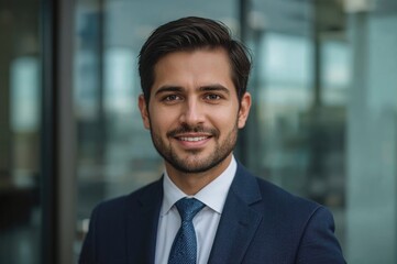 Fototapeta premium Professional young businessman in formal suit standing confidently with a smile, representing legal profession and civil law services in modern office setting.