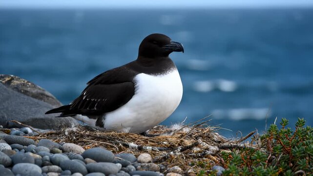 Razorbill Sitting on Nest by the Ocean
