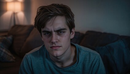Obraz premium Young man displaying fatigue and stress while sitting on a couch at home in low light environment with a lamp in the background
