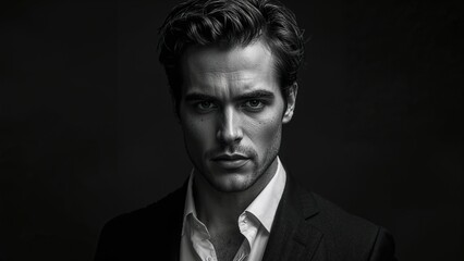 Fototapeta premium Portrait of a serious young man in a dark suit against a black background featuring dramatic lighting and monochrome filter creating a striking visual impact.