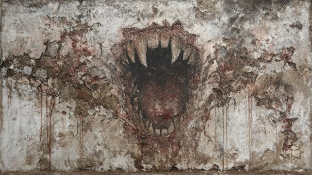 Wall opening reveals monstrous mouth teeth and blood horror concept