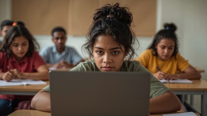 Fototapeta premium Focused young girl studying intently on a laptop in a diverse classroom environment with peers engaged in learning at their desks, collaborative atmosphere, educational setting.