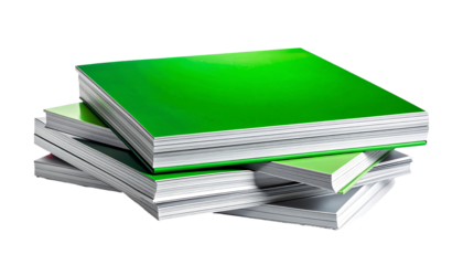 Green books stacked together on a white surface ready for reading.