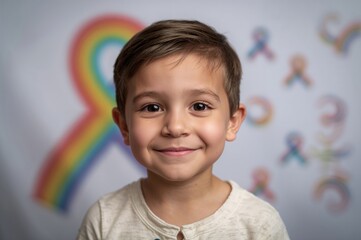 Portrait of a young boy smiling in front of a colorful background featuring symbols of autism awareness including a rainbow ribbon and puzzle pieces.