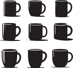 Simple black silhouette of a classic ceramic coffee mug with a handle