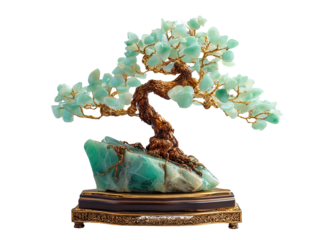 Ornate gemstone bonsai, teal leaves, brown trunk