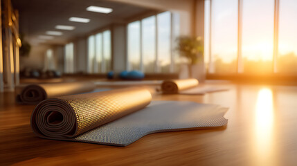 Yoga Mats Rolled Out on Wooden Floor in Sunny Studio Gym Morning Sunlight