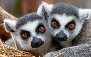 Obraz premium ring-tailed lemur group in the zoo, with one showing its tail to nearby kids, natural daylight