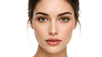 Fototapeta premium female portrait with flawless skin and natural makeup on white background isolated, featuring soft facial features and expressive eyes