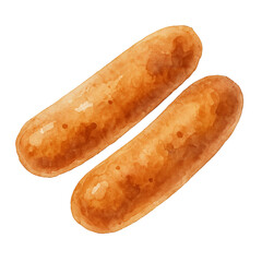 Two golden brown breakfast sausages painted in a soft watercolor style, with a warm textured surface on a white background.
