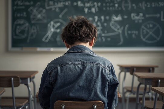 Child sitting alone at a desk in empty classroom facing blackboard filled with math equations, showing signs of anxiety and frustration while handling problems in detention setting.