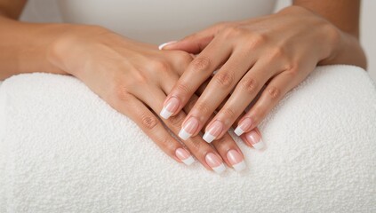 Naklejka premium Elegant French manicure on well-groomed hands resting on a white towel showcasing neat, natural nail shape and polished tips with a subtle shine.