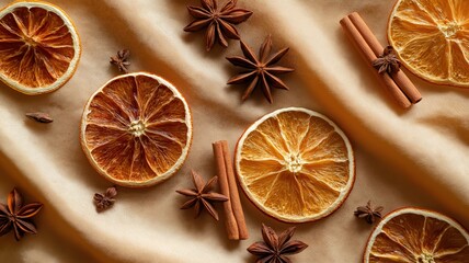 A flat lay of dried orange slice, cinnamon stick, and star anise arranged in pattern on a brown background with natural light and shadow