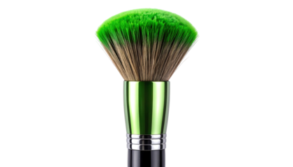 Green makeup brush with soft bristles on a white background.