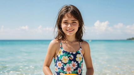Young girl with long hair smiling at the beach wearing a colorful floral swimsuit with blue ocean and sky in the background during summer vacation
