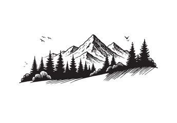 Vector silhouette line of fir trees and mountains. Hill of fir trees and mountain landscape, vector forest silhouette.