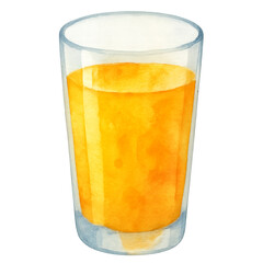 A refreshing glass filled with bright orange juice, painted in a soft watercolor style with a clean white background.