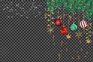 Evergreen boughs adorned with bright baubles and snowfall cascade down against the transparent background
