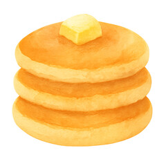 A warm stack of fluffy golden pancakes topped with a pat of butter, painted in a soft watercolor style on a white background.
