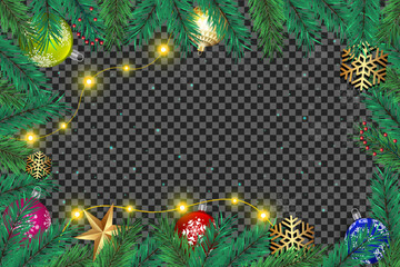 Christmas tree branches with decorative snowflakes, berries, baubles, and string lights on transparent background