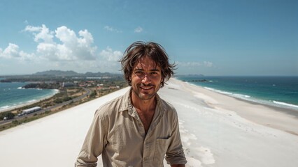 Man standing on a sandy dune overlooking a long stretch of white beach with turquoise ocean water and a scenic coastal landscape under a blue sky