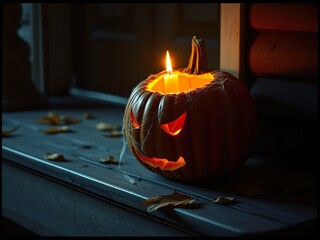 Spooky Halloween Pumpkin in Candlelight