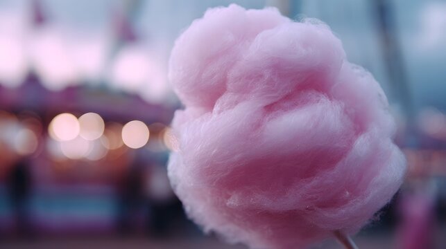 Fluffy pink cotton candy held against a blurred carnival background at dusk