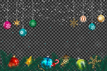 Festive Christmas ornaments and snowflakes hang against a transparent background with falling snow and pine needles